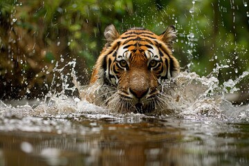 Wall Mural - Majestic Tiger Emerging From Water in Lush Green Forest