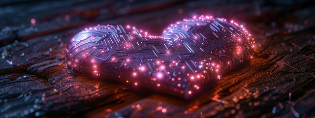 Iron heart decorated with purple glowing electrical circuits