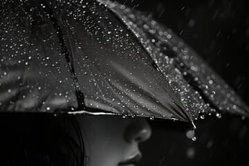 Wall Mural - A woman is standing under an umbrella in the rain. The umbrella is black and has raindrops on it