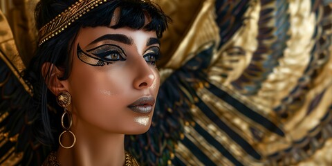 Wall Mural - A woman with gold and black makeup on her face and gold earrings. She is wearing a gold headband
