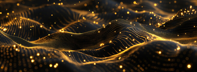 abstract background with glowing dots in the shape of waves, golden and black colors, dark scene, fu