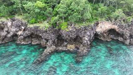 Wall Mural - Seen from the air, a diverse coral reef grows right up to the rugged coastline of a remote limestone island in Indonesia. This scenic, tropical area is part of the Coral Triangle. 