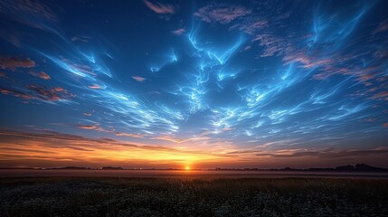 Wall Mural - Noctilucent clouds glow softly against a twilight sky, their wispy, high-altitude forms illuminated by the setting sun, creating a tranquil and mesmerizing display.