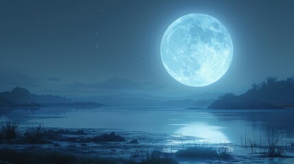 a blue moon rises over a tranquil landscape, its ethereal glow creating a minimalistic and enchantin