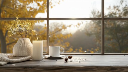 Wall Mural - A vase with a candle and a cup of coffee on a wooden table. The scene is set in a cozy and warm atmosphere, with the candle providing a soft glow and the cup of coffee offering a comforting beverage