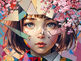 Wall Mural - A girl with a face made of paper cutouts. The girl has a blue eye and a pink flower on her face, sakura tree background, cubys, triangle, face anime