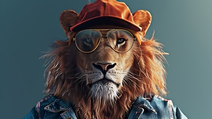 Wall Mural - A lion wearing the summer clothes and wearing the cap close up very detailed and realistic shape