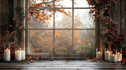 Wall Mural - A window with a view of trees and leaves. The window is lit with candles. Scene is warm and cozy