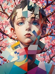 Wall Mural - A boys with a face made of paper cutouts. The girl has a blue eye and a pink flower on her face, sakura tree background, cubys, triangle, face anime