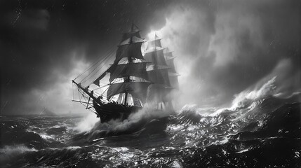 Wall Mural - A dramatic black-and-white image of a slave ship on a stormy sea, representing the horrors of the transatlantic slave trade