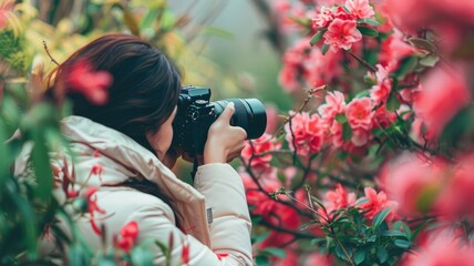 Girl photographing flowers in a garden with vibrant blooms.