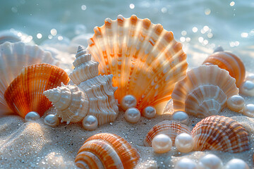 Wall Mural - An underwater close-up captures various seashells and pearls resting on sandy ocean floor, illuminated by sunlight filtering through the water, creating a serene, radiant scene