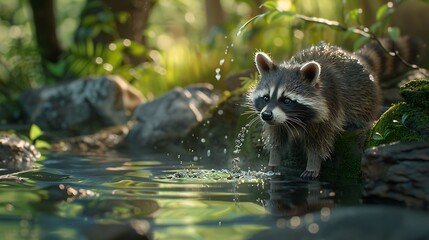 Wall Mural - A raccoon enjoys some outside water play very detailed and realistic shape