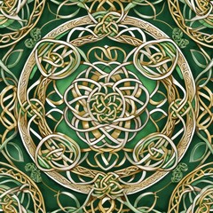 Wall Mural - Eternal Celtic Knotwork Intricate Digital Illustration in Green and Gold