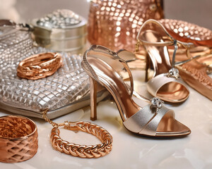 a collection of fashion accessories such as jewelry, handbags, and shoes metallic