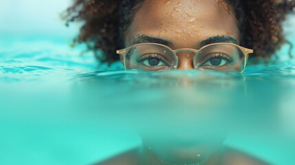 Young woman is swimming underwater in a pool while wearing her prescription glasses. She is enjoying her summer vacation