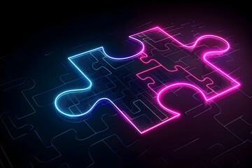 Neon wireframe jigsaw puzzle piece isolated on black background.