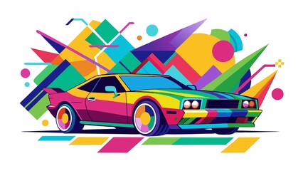 Wall Mural - Colorful street art depiction of modern car on white background with geometric shapes, street art, illustration, colorful, modern car