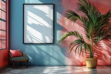 Canvas Print - Modern Living Room Interior Design With Palm Tree And Empty Picture Frame