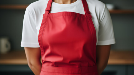 Wall Mural - A woman in a kitchen apron. Chef work in the cuisine. Cook in uniform, protection apparel. Job in food service. Professional culinary. Red fabric apron, casual clothing. Handsome baker. Generated AI