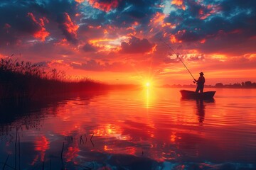 Wall Mural - Solitary Fisherman Enjoying a Peaceful Sunset on a Calm Lake