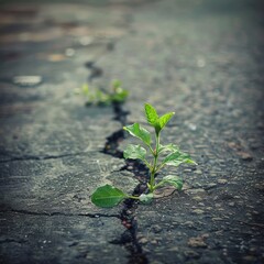 Sticker - Green plant growing on crack street, asphalt plant, pavement sprout, sprout on crack asphalt