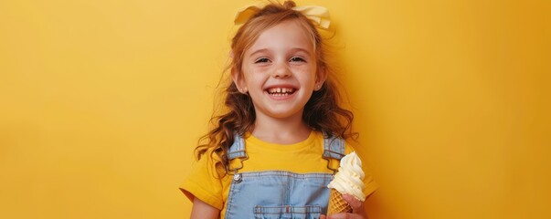 Wall Mural - A young girl is holding an ice cream cone and smiling. Concept of happiness and enjoyment, as the girl is posing with her ice cream in a playful manner. Free copy space for text.