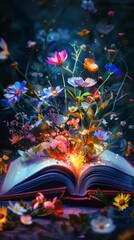 Wall Mural - Photo open book with fantastic levitation glowing colorful flowers splas