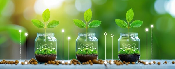 Young plants in jars with digital elements, glowing against a soft green backdrop, symbolizing growth and technology