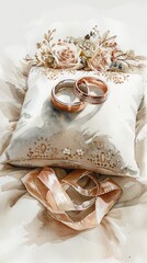 Elegant wedding rings on a decorative pillow with floral accents, perfect for capturing love and romance.