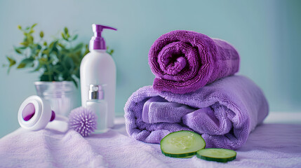 Wall Mural - Creative concept of a beauty day and relaxation. The need of every girl. Purple towel and skin care with cucumber..