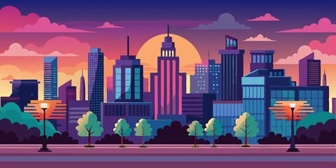 Wall Mural - Urban landscape at sunset with city buildings, trees, and clear blue sky, trees, sky, landscape, buildings