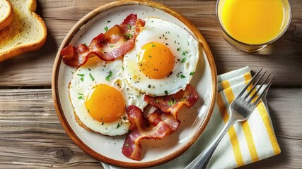 Wall Mural - Delicious Plate of Fried Egg and Bacon on a wooden Table