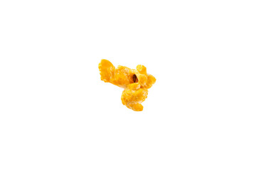 Wall Mural - Delicious cheesy popcorn isolated on white background. Cinema and entertainment concept. Movie night with popcorn. Cheese and caramel popcorn. Delicious appetizer, snack. Banner