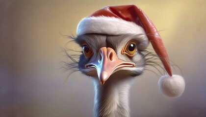 Wall Mural - Ostrich with a christmas hat 3d