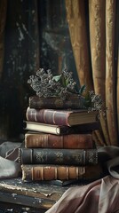 Wall Mural - Realistic stacked books on a table 