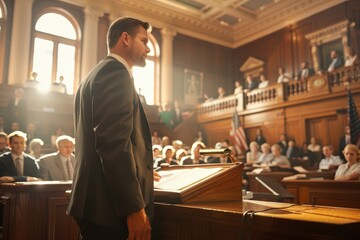 Man Speaking at a Podium in a Courtroom