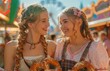 © yevgeniya131988 - Two women in Bavarian outfits holding pretzels, standing opposite on an orange fairground street, smiling warmly