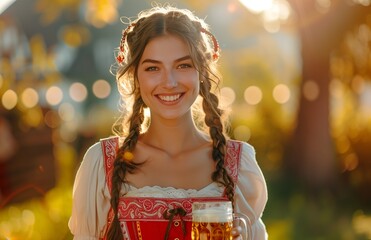 Wall Mural - A smiling woman in a red and white Bavarian dress holds a beer stein at Oktoberfest