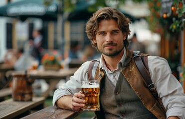 Wall Mural - Handsome man in traditional Bavarian attire drinking beer from a large glass while sitting on a bench