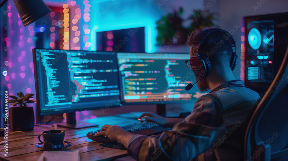 Programmer working on their professional development types on a laptop ...
