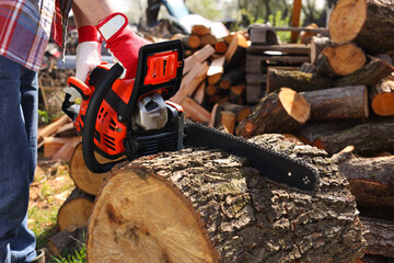 Wall Mural - Man sawing wooden log on sunny day, closeup