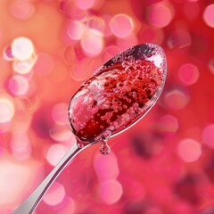 Wall Mural - A spoonful of red liquid with bubbles in it