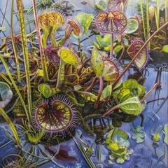 Canvas Print - A painting of a pond with a variety of plants and flowers