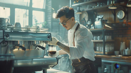 Realistic photo of coffee maker working professionally in modern coffee shop. Model barista making coffee in a private design project with perfect natural lighting environment. 