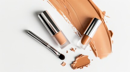 Poster - Two Foundation Sticks and a Makeup Brush on a White Surface