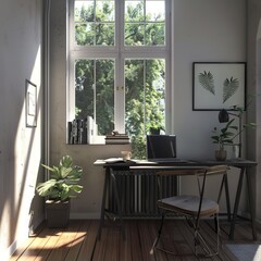 Poster - A small office with a desk, chair, and potted plant