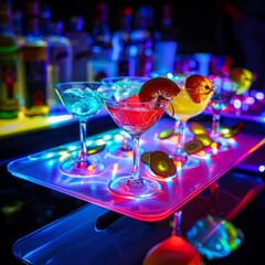 Sticker - A table with a tray of drinks and glasses with lights on them