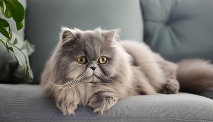 Sticker - one persian cat of grey color lying on a sofa and enjoys cuddles