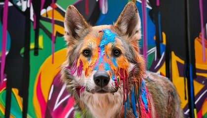 Sticker - vibrant pop art wolf executed in rich colors with dripping paint and graffiti elements